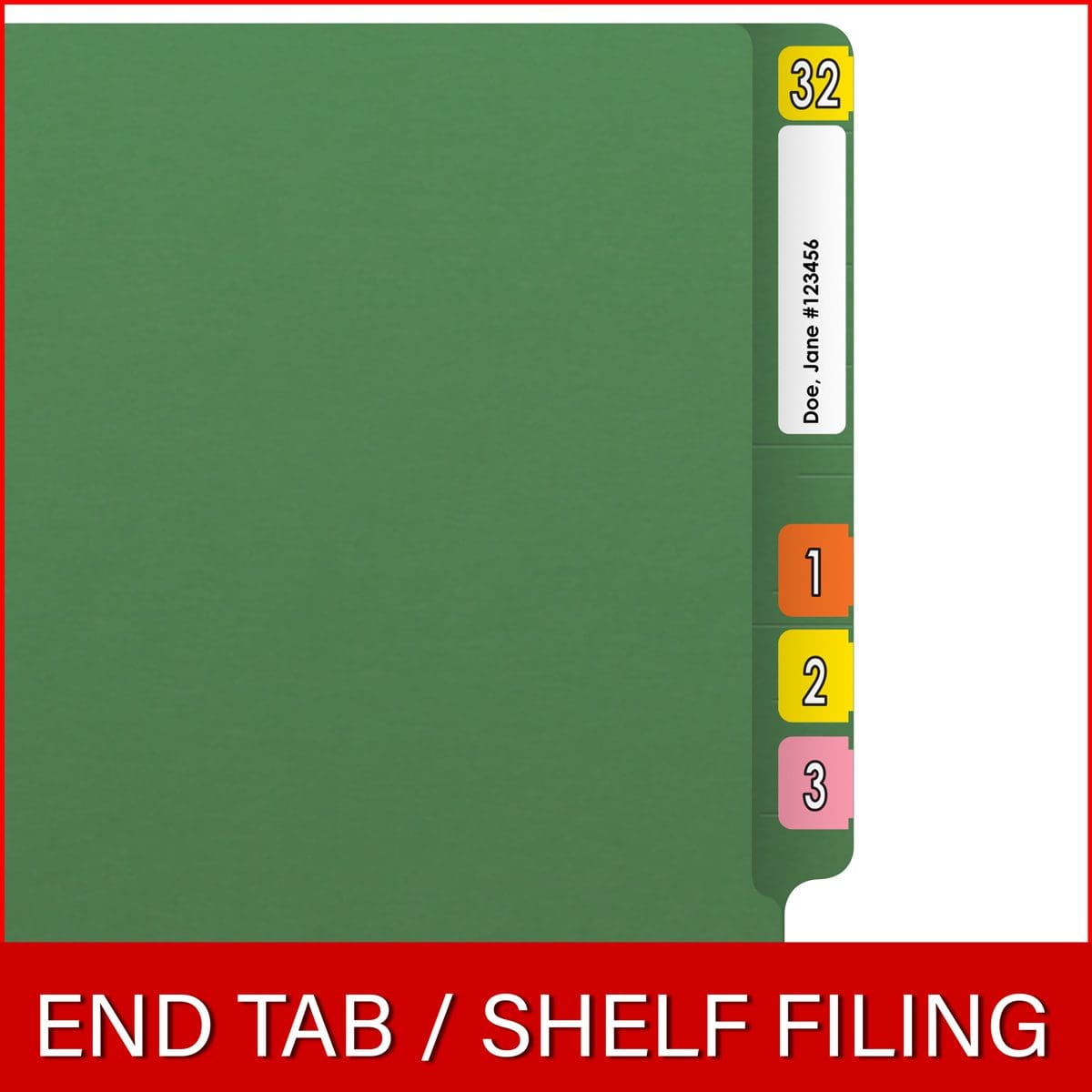 Green letter size reinforced end tab folder with 2" bonded fastener on inside back. 14 pt green stock. Packaged 50/250