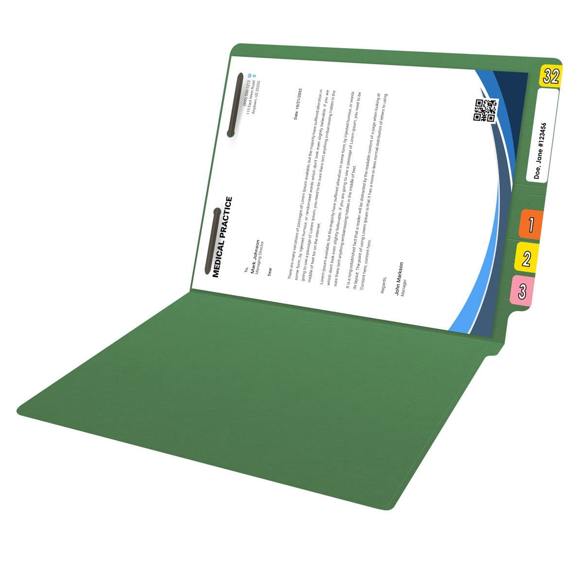 Green letter size reinforced end tab folder with 2" bonded fastener on inside back. 14 pt green stock. Packaged 50/250