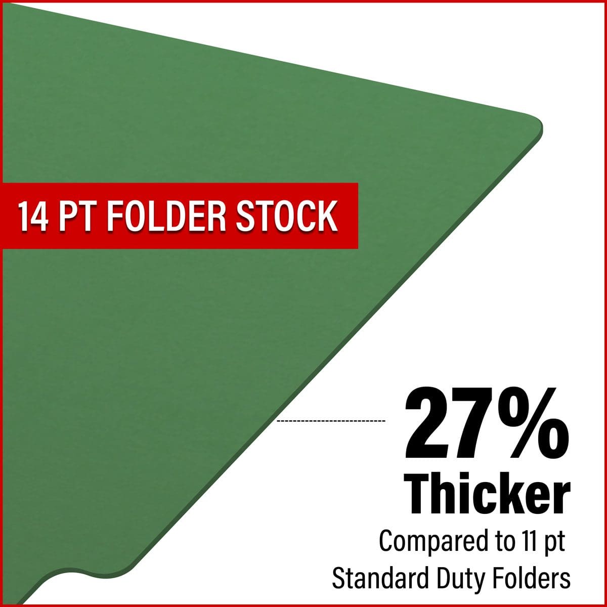 Green letter size reinforced end tab folder with 2" bonded fastener on inside back. 14 pt green stock. Packaged 50/250