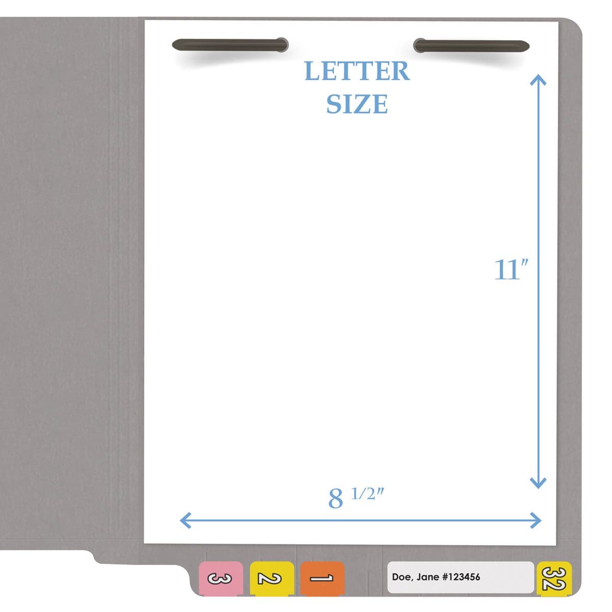 Gray letter size reinforced end tab folder with 2" bonded fastener on inside back. 14 pt gray stock. Packaged 50/250