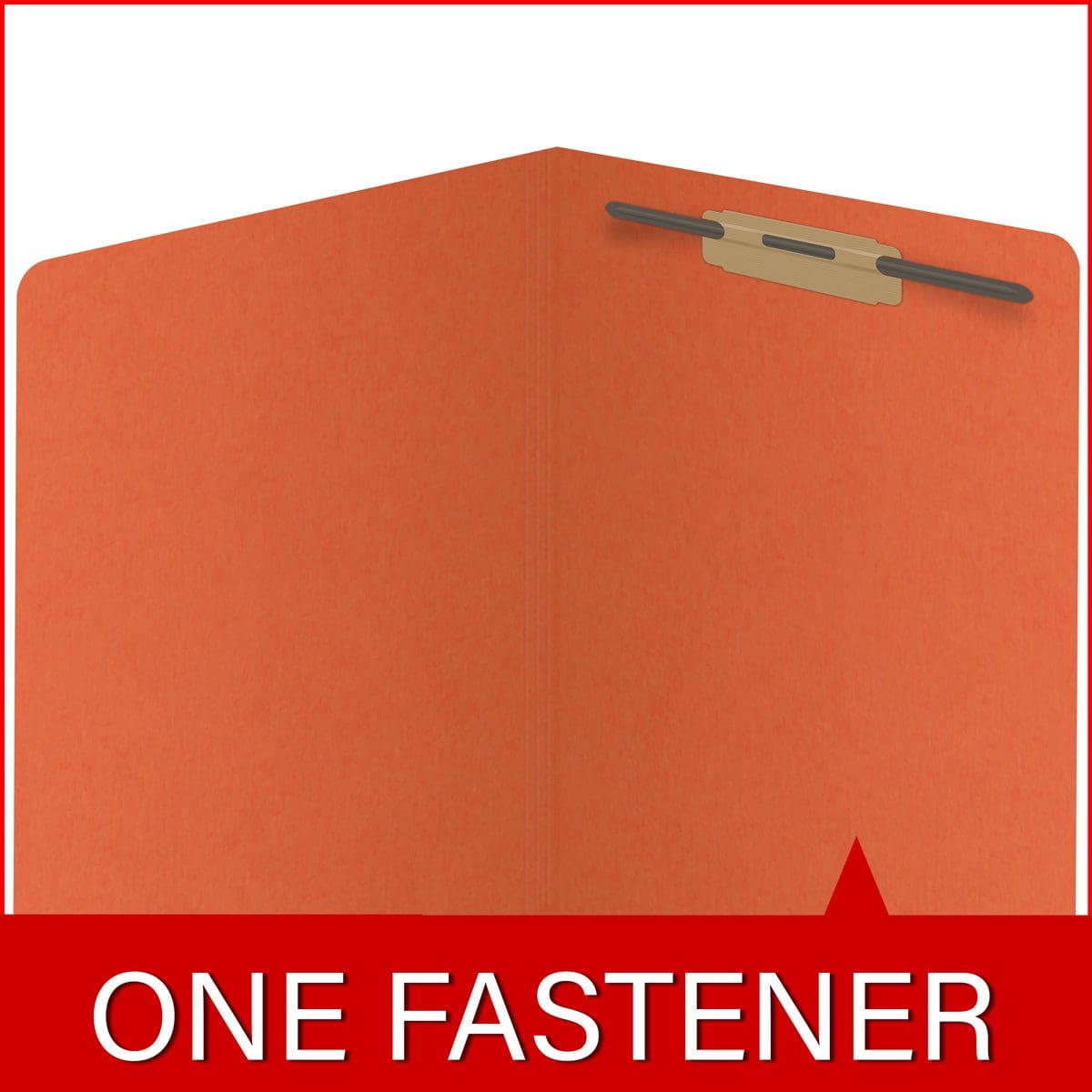 Orange letter size reinforced end tab folder with 2" bonded fastener on inside back. 14 pt orange stock. Packaged 50/250