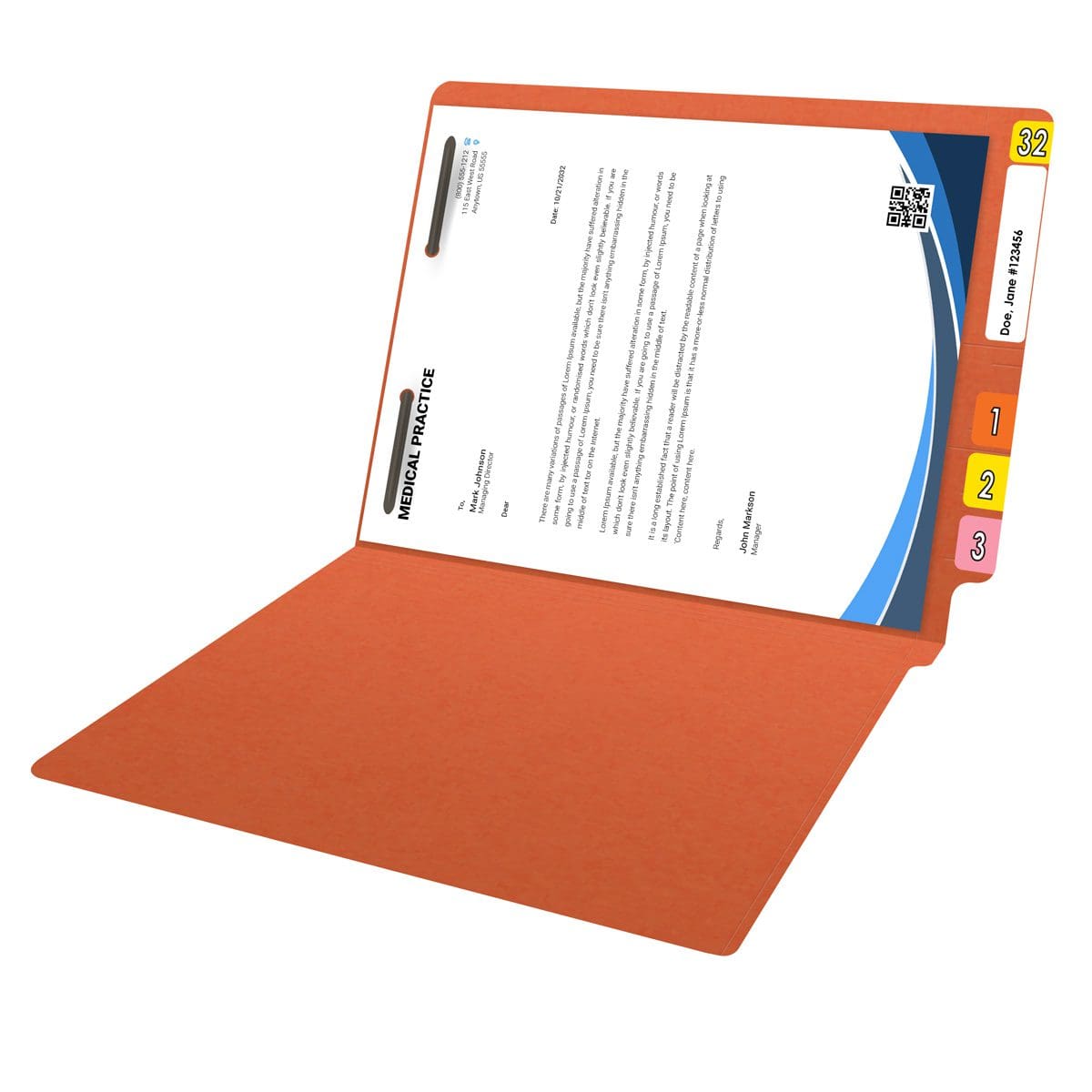 Orange letter size reinforced end tab folder with 2" bonded fastener on inside back. 14 pt orange stock. Packaged 50/250
