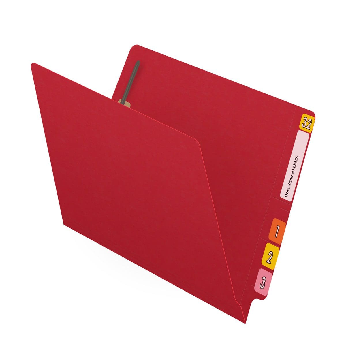 Red letter size reinforced end tab folder with 2" bonded fastener on inside back. 14 pt red stock, 50/Box