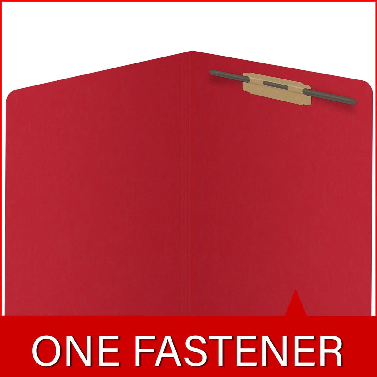 Red letter size reinforced end tab folder with 2" bonded fastener on inside back. 14 pt red stock. Packaged 50/250
