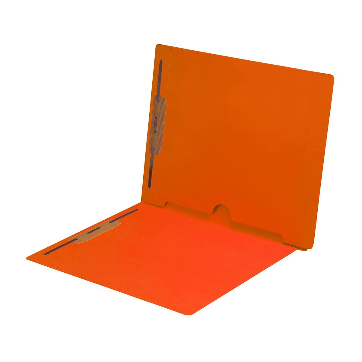 Orange letter size end tab folder with full pocket on inside back open towards spine and 2" bonded fasteners on inside front and back. 11 pt Orange stock, 50/Box