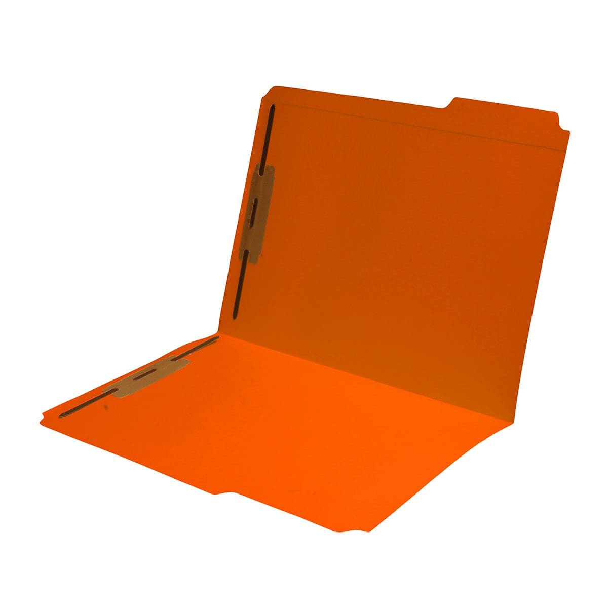 Orange letter size reinforced top tab folder with 1/3 cut assorted top tabs and 2" bonded fastener on inside front and back. 11 pt orange stock, 50/Box