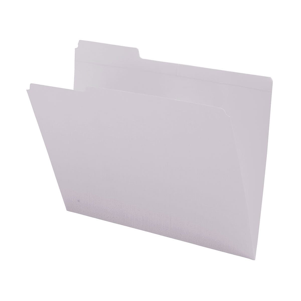 White letter size reinforced top tab folder with 1/3 cut assorted top tabs. 11 pt white stock, 100/Box