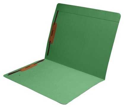 Green letter size reinforced top tab folder with full cut top tab and 2" bonded fastener on inside front and back. 11 pt green stock, 50/Box