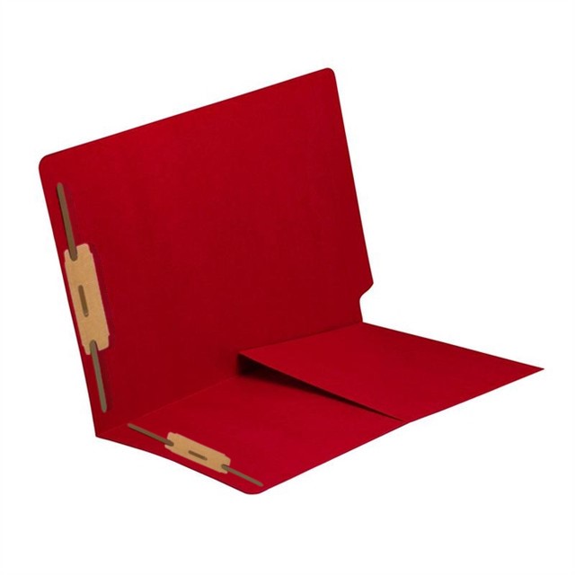 Red letter size reinforced end tab folder with 1/2 pocket on inside front and 2" bonded fastener on inside front and  back. 14 pt red stock, 50/Box