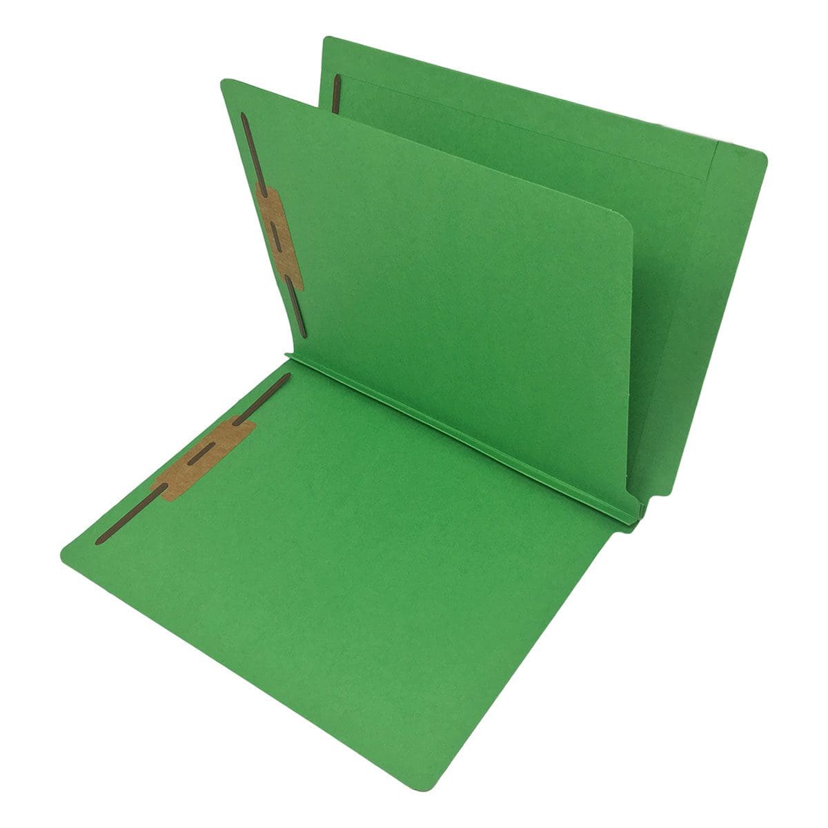 Green letter size end tab one divider econoclass folder with 2" bonded fasteners on each panel. 14 pt green stock, 25/Box