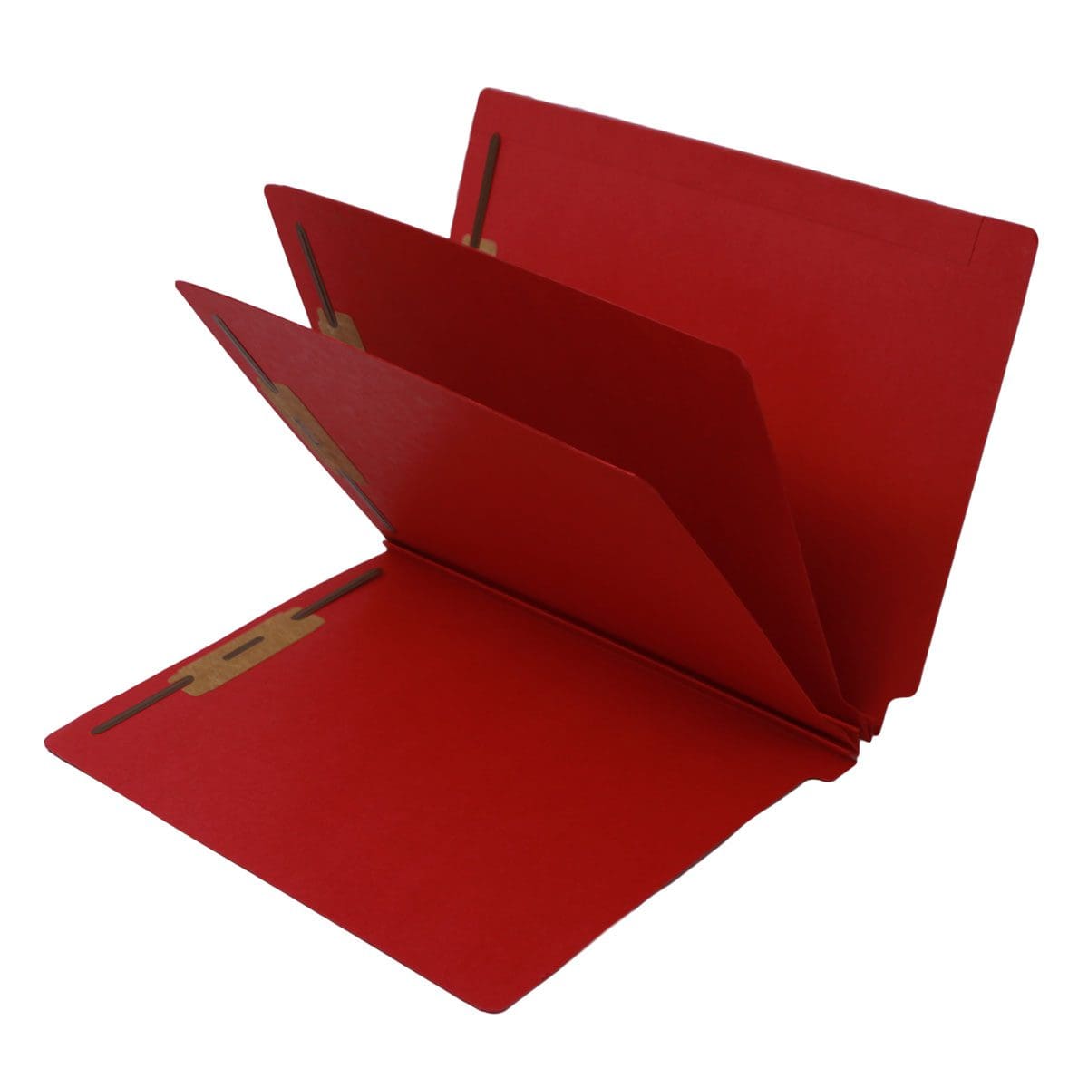 Red letter size end tab two divider econoclass folder with 2" bonded fasteners on each panel. 14 pt red stock, 15/Box