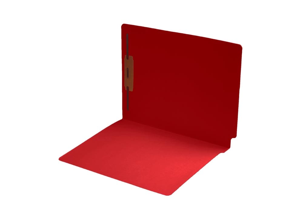 Red letter size end tab folder with 2" bonded fastener on inside back. 11 pt red stock, 50/Box