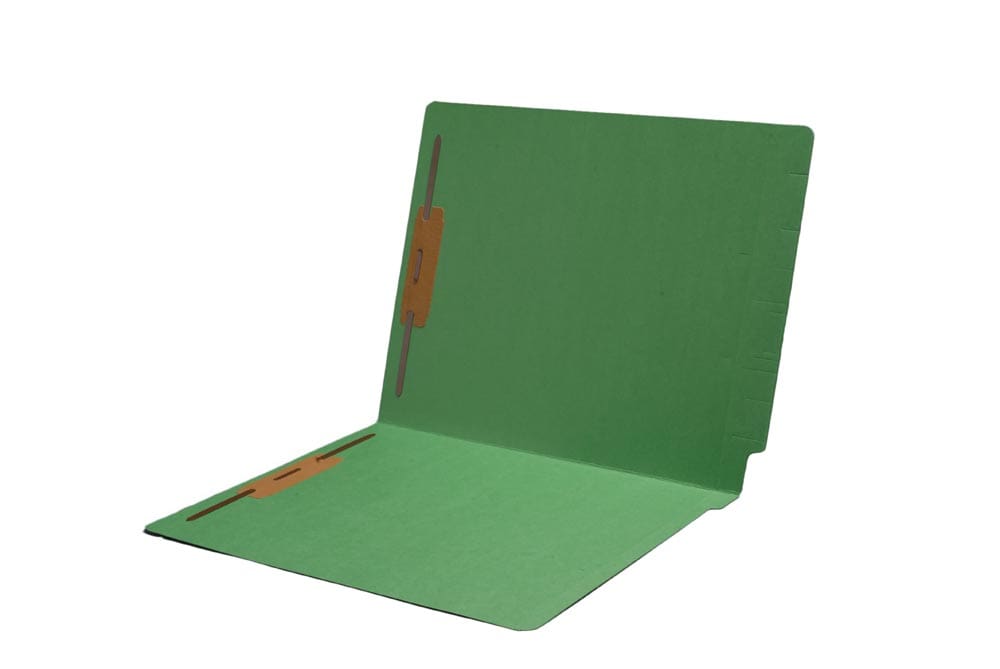 Green letter size end tab folder with 2" bonded fastener on inside front and back. 11 pt green stock, 50/Box