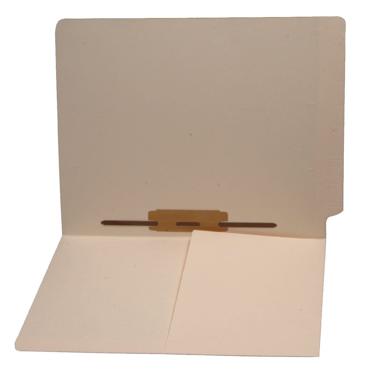 Manila letter size reinforced end tab folder with 1/2 pocket on inside front and mylar reinforced spine. 2" bonded fastener on inside back by spine. 11 pt manila stock, 50/Box