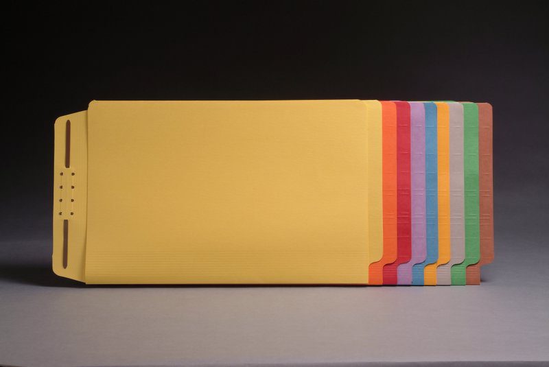 Red legal size end tab casebinder style folder with fully reinfoced back and 2" embedded fastener on endwing. 14 pt red stock, 50/Box