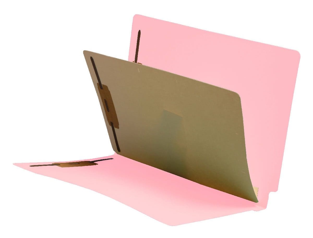 Pink letter size reinforced end tab folder with 2" bonded fastener on inside front and back, and one manila divider installed with 2" bonded fasteners on both sides. 11 pt pink stock folders and 11 pt manila stock dividers, 40/Box