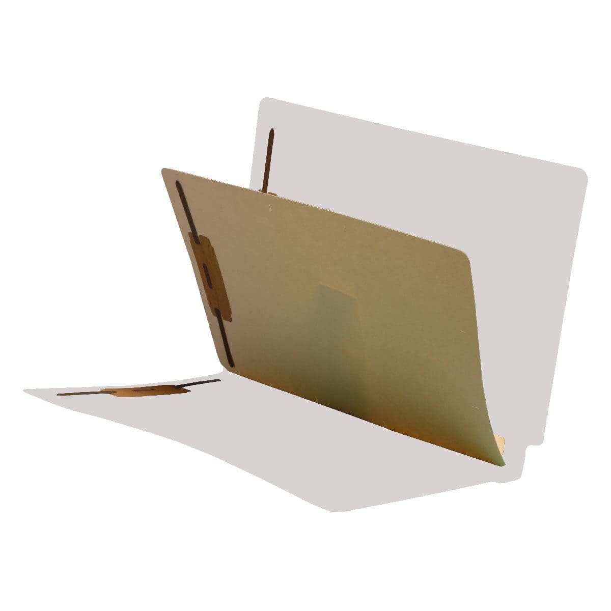White letter size reinforced end tab folder with 2" bonded fastener on inside front and back, and one manila divider installed with 2" bonded fasteners on both sides. 11 pt white stock folders and 11 pt manila stock dividers. Packaged 40/200.