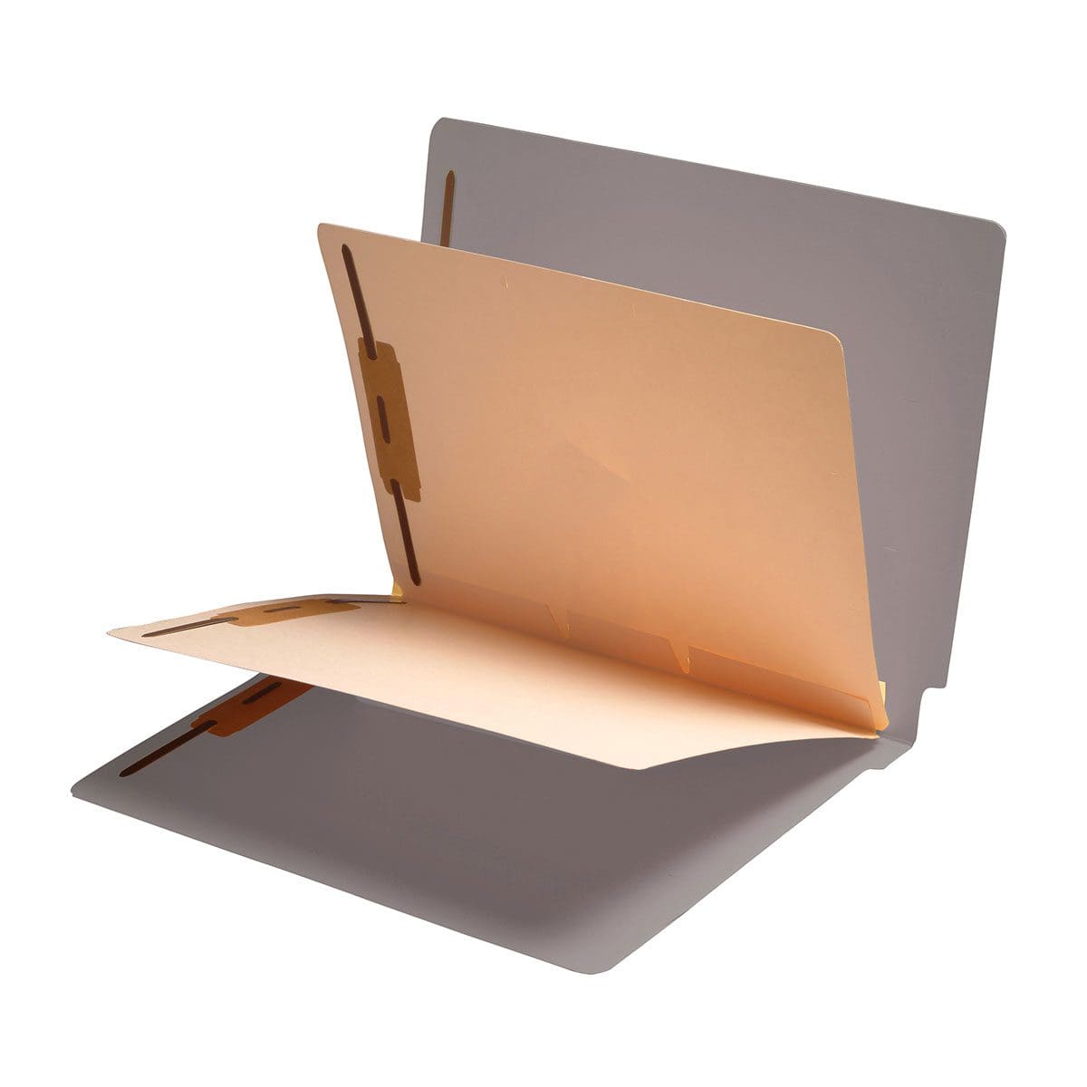 Gray letter size reinforced end tab folder with 2" bonded fastener on inside front and back, and two manila dividers installed with 2" bonded fasteners on both sides. 11 pt gray stock folders and 11 pt manila stock dividers, 40/Box