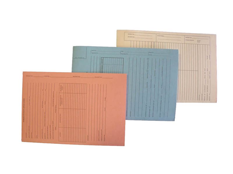 Orange legal size top tab patent & trademark folder printed for Foreign Patent Application, with 3 top flaps punched with holes and bottom apron on middle panel. 14 pt orange stock. Packaged 25/125