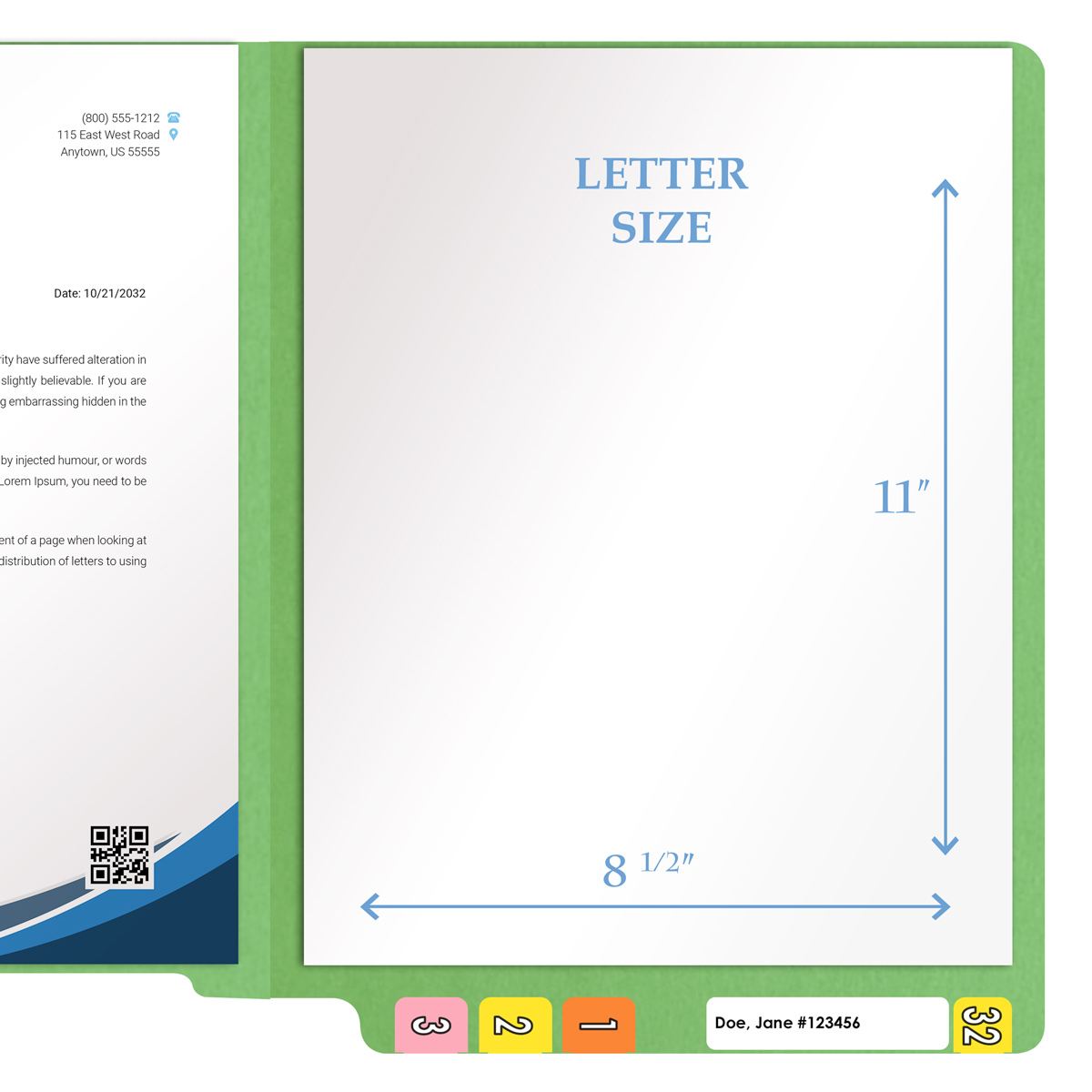 Green letter size end tab folder. 20 pt green stock. Packaged 40/200.