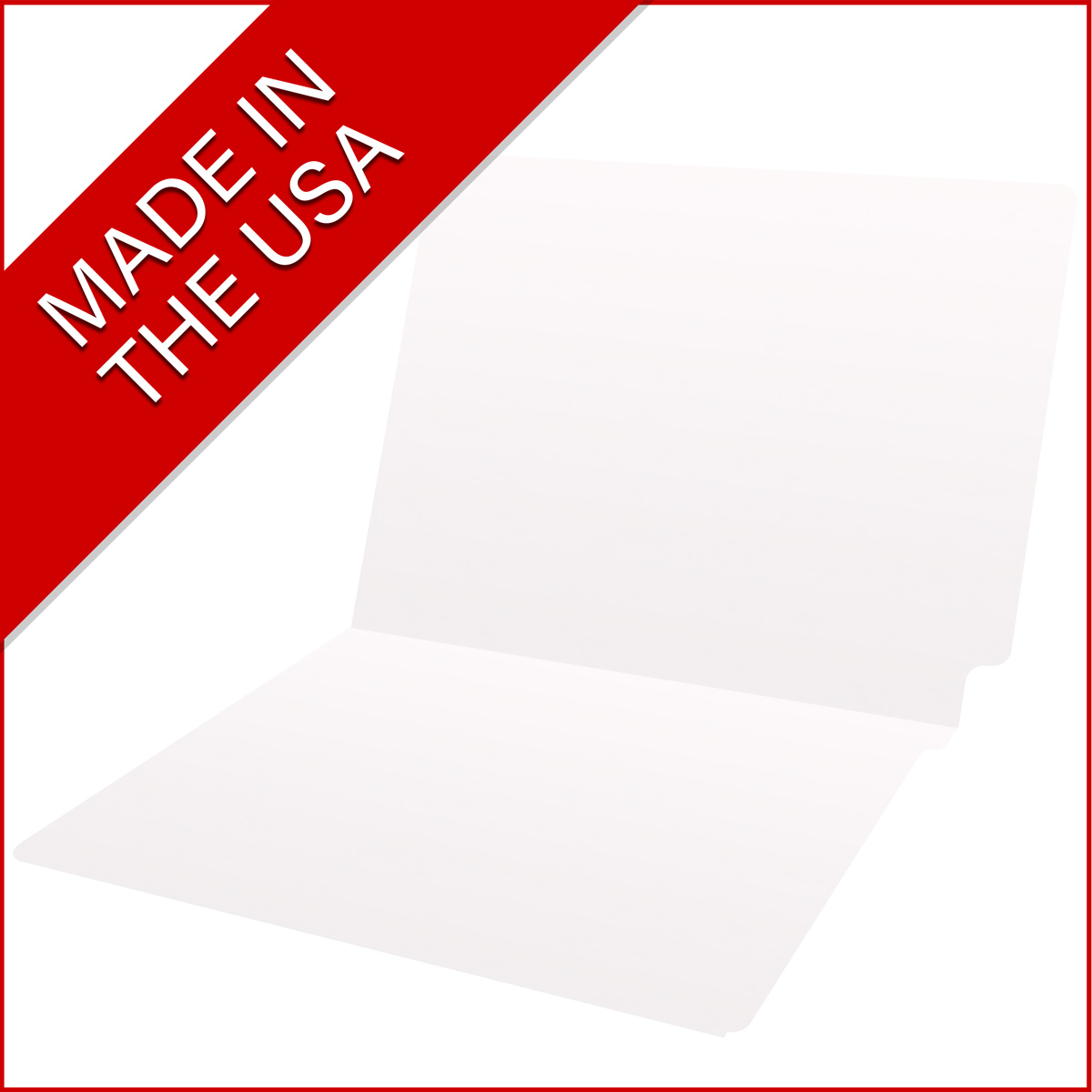 White letter size end tab folder. 20 pt white stock. Packaged 40/200.
