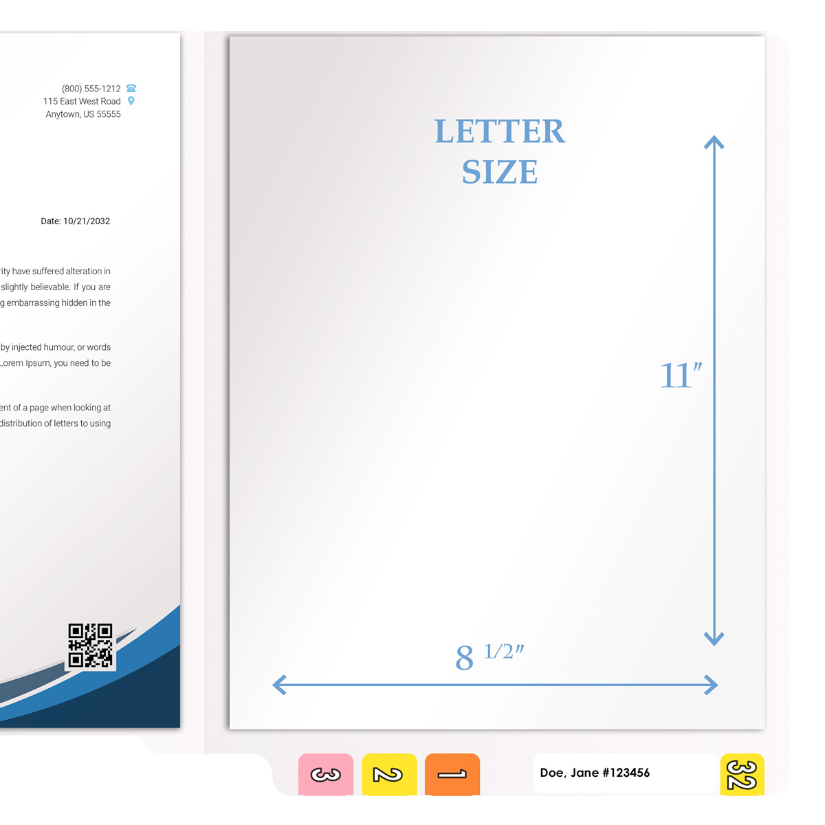 White letter size end tab folder. 20 pt white stock. Packaged 40/200.