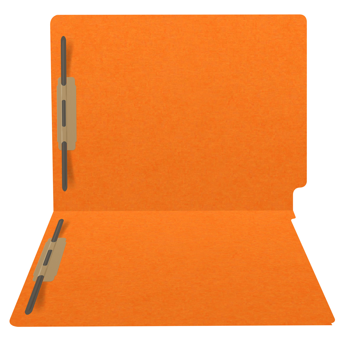 Orange letter size end tab folder with 2" bonded fasteners on inside front and back. 20 pt orange stock. Packaged 40/200.