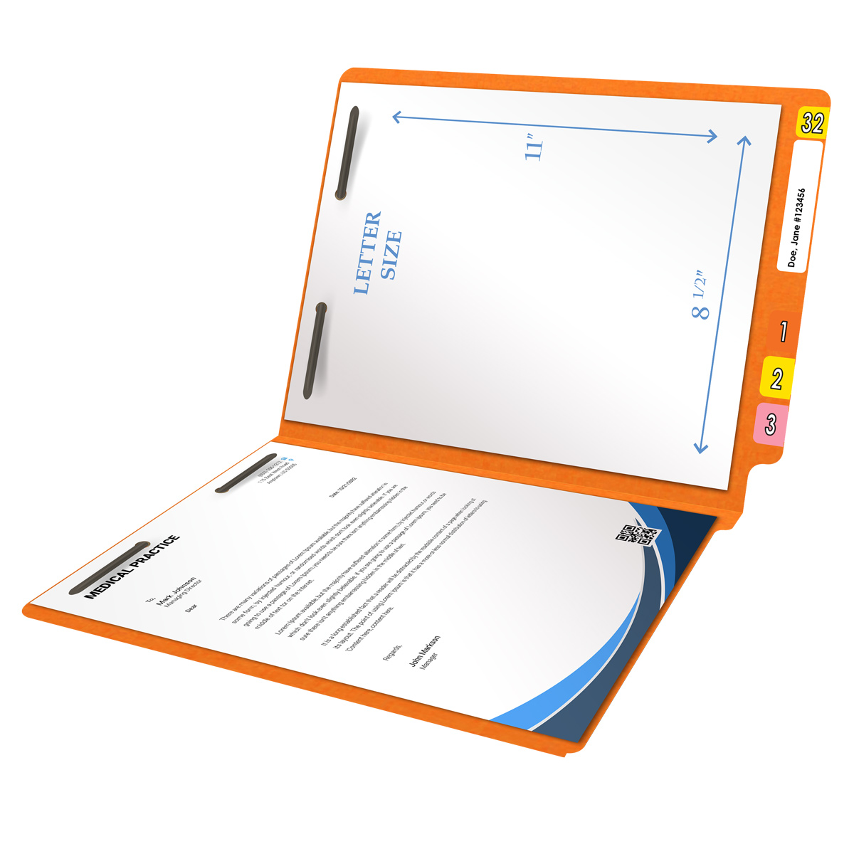 Orange letter size end tab folder with 2" bonded fasteners on inside front and back. 20 pt orange stock. Packaged 40/200.