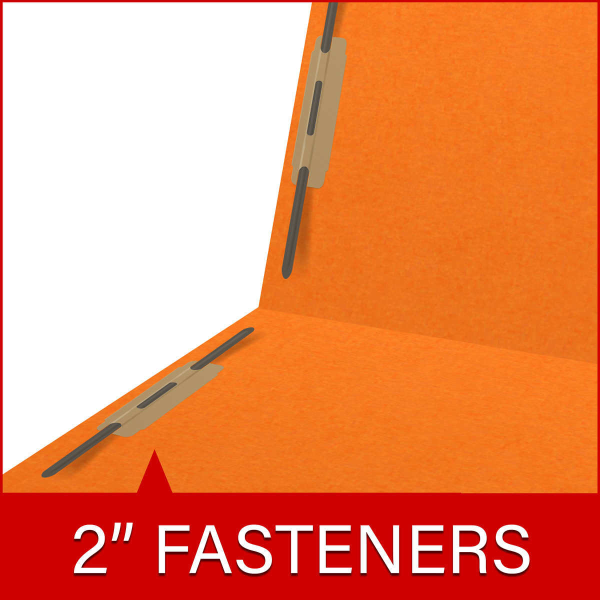 Orange letter size end tab folder with 2" bonded fasteners on inside front and back. 20 pt orange stock. Packaged 40/200.