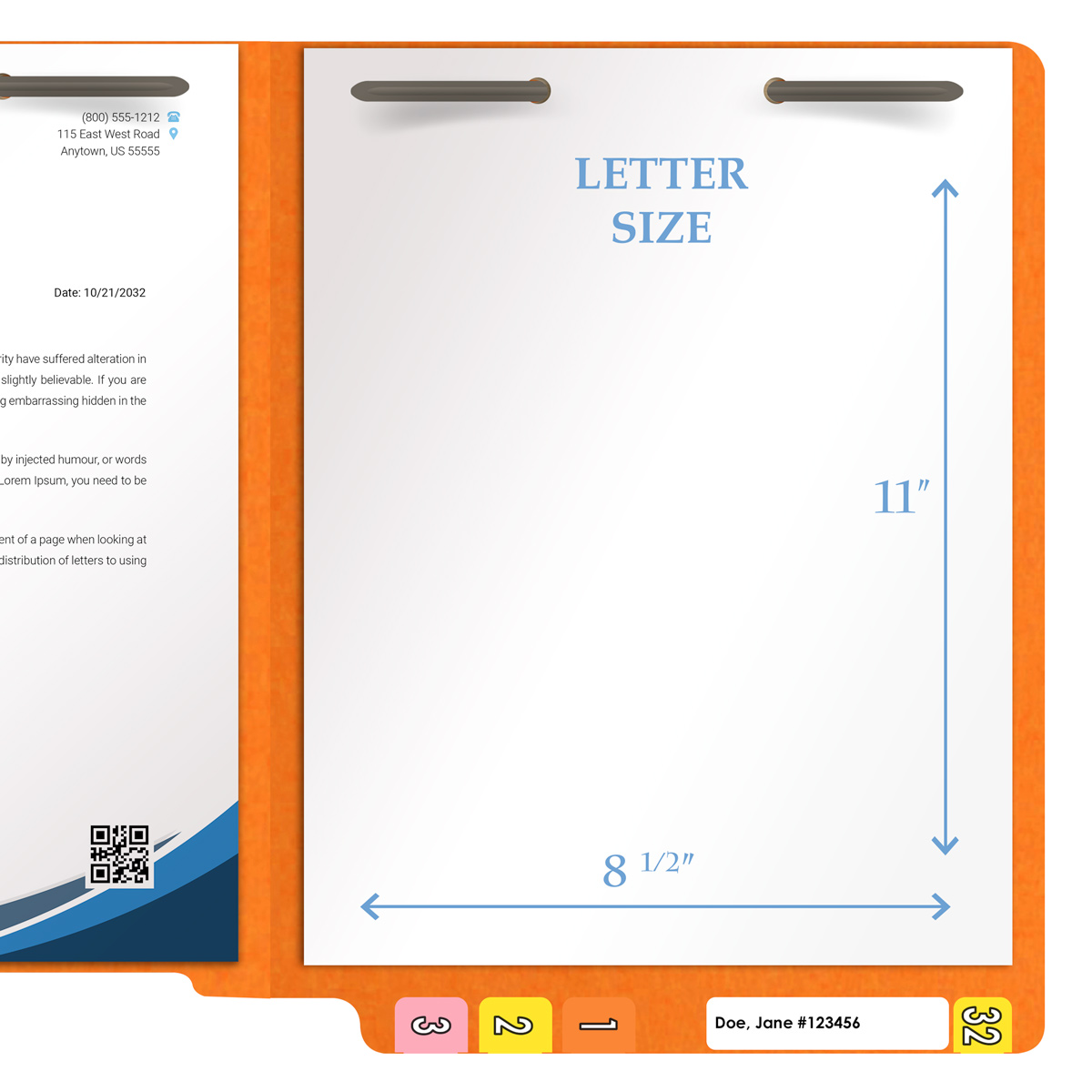 Orange letter size end tab folder with 2" bonded fasteners on inside front and back. 20 pt orange stock. Packaged 40/200.