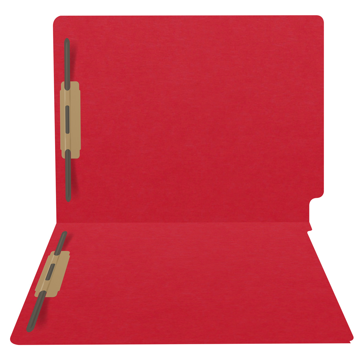 Red letter size end tab folder with 2" bonded fasteners on inside front and back. 20 pt red stock. Packaged 40/200.
