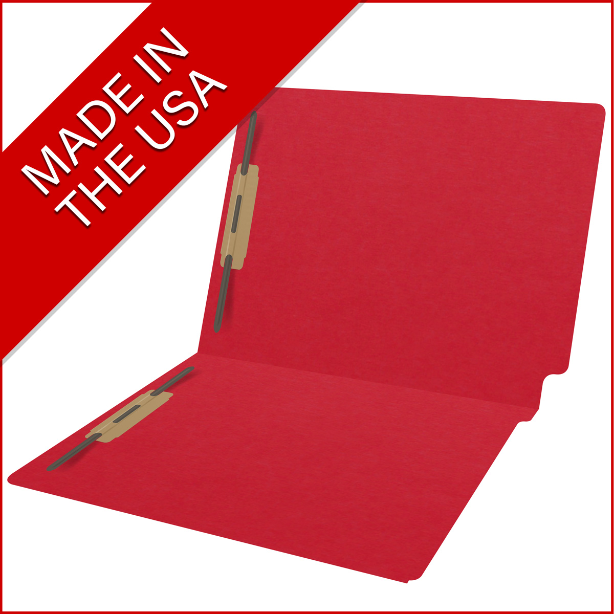 Red letter size end tab folder with 2" bonded fasteners on inside front and back. 20 pt red stock. Packaged 40/200.