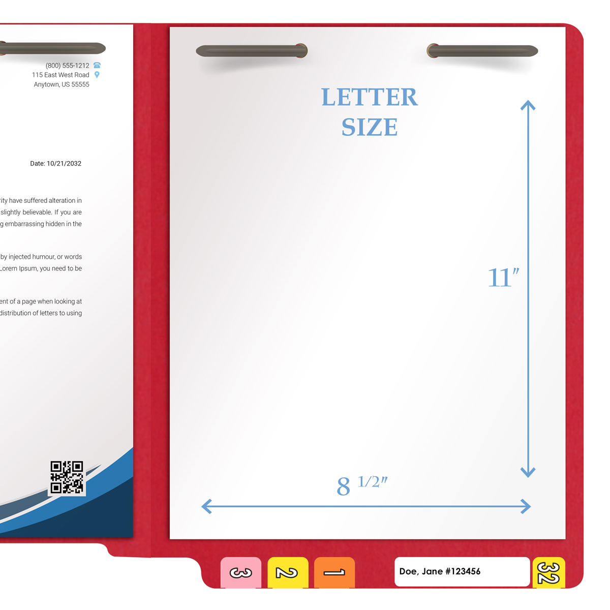 Red letter size end tab folder with 2" bonded fasteners on inside front and back. 20 pt red stock. Packaged 40/200.