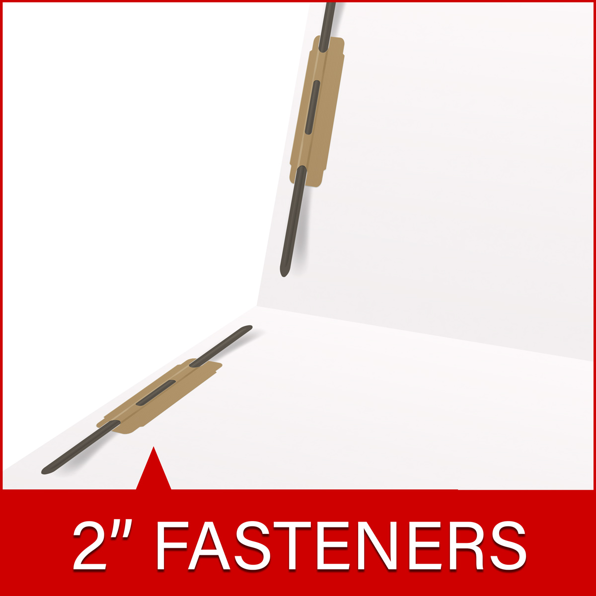 White letter size end tab folder with 2" bonded fasteners on inside front and back. 20 pt white stock. Packaged 40/200.