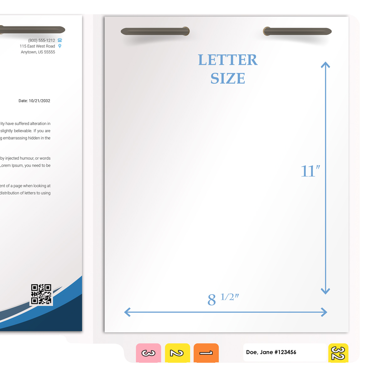 White letter size end tab folder with 2" bonded fasteners on inside front and back. 20 pt white stock. Packaged 40/200.