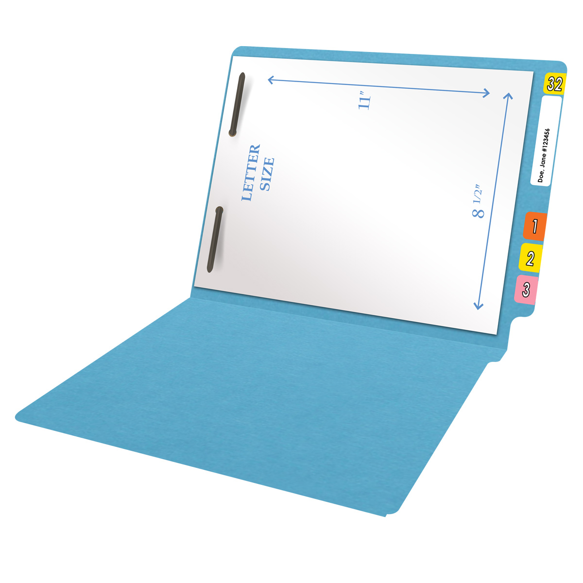 Blue letter size end tab folder with 2" bonded fasteners on inside back. 20 pt blue stock. Packaged 40/200.