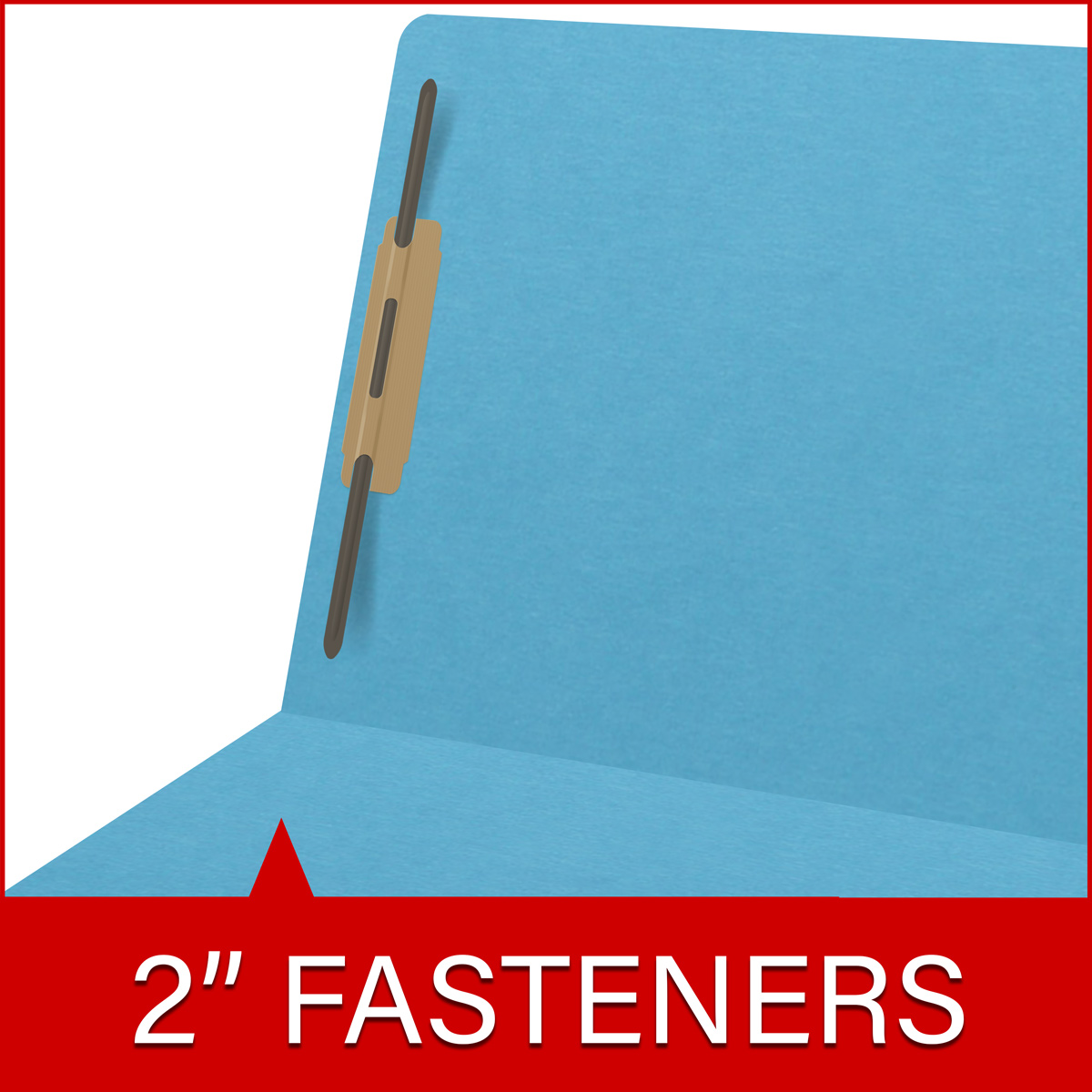 Blue letter size end tab folder with 2" bonded fasteners on inside back. 20 pt blue stock. Packaged 40/200.