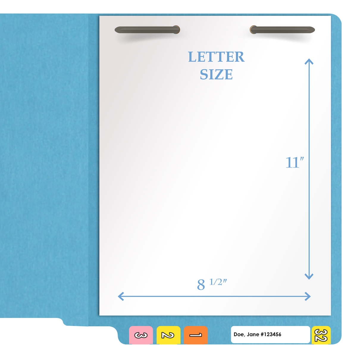 Blue letter size end tab folder with 2" bonded fasteners on inside back. 20 pt blue stock. Packaged 40/200.