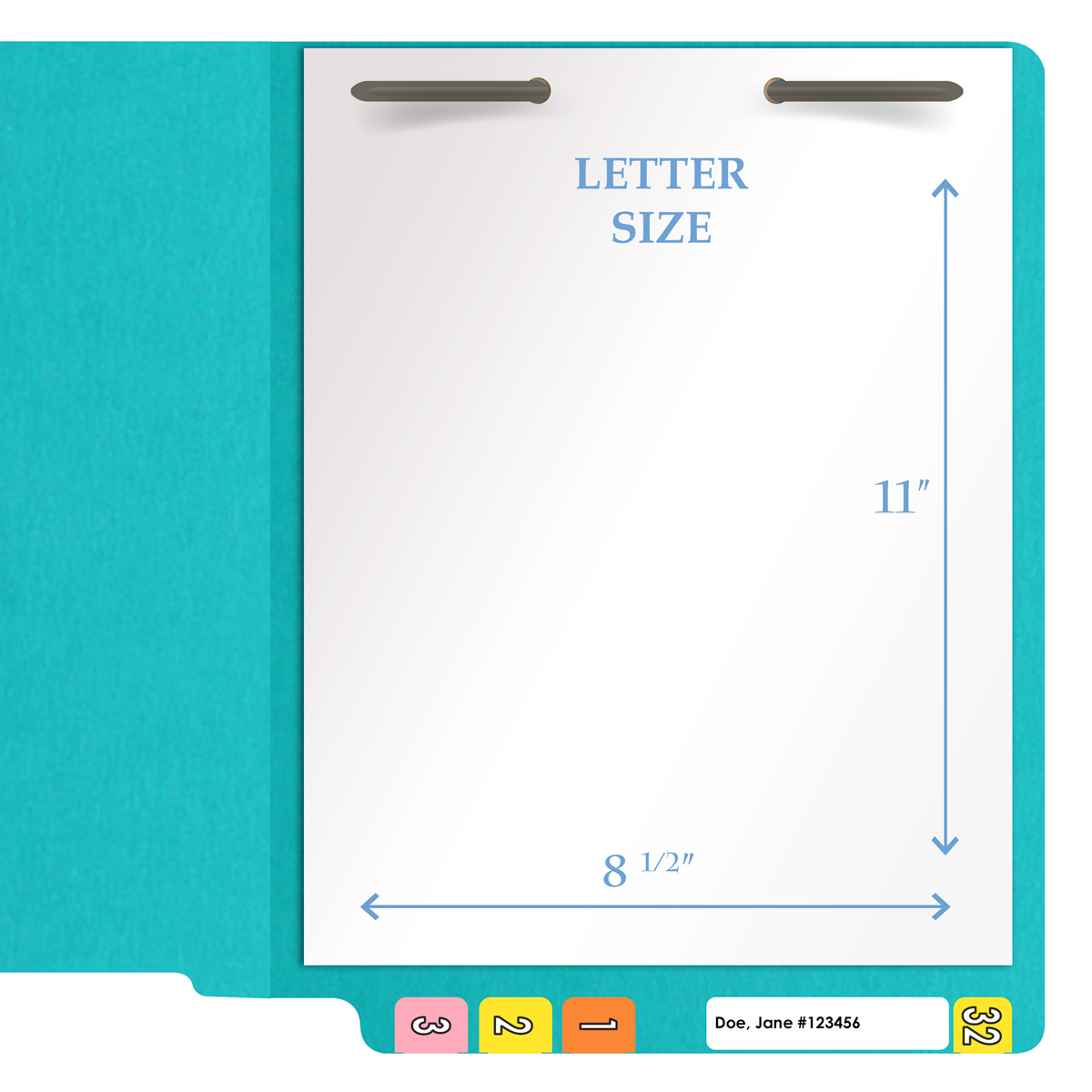 Light blue letter size end tab folder with 2" bonded fasteners on inside back. 20 pt light blue stock. Packaged 40/200.