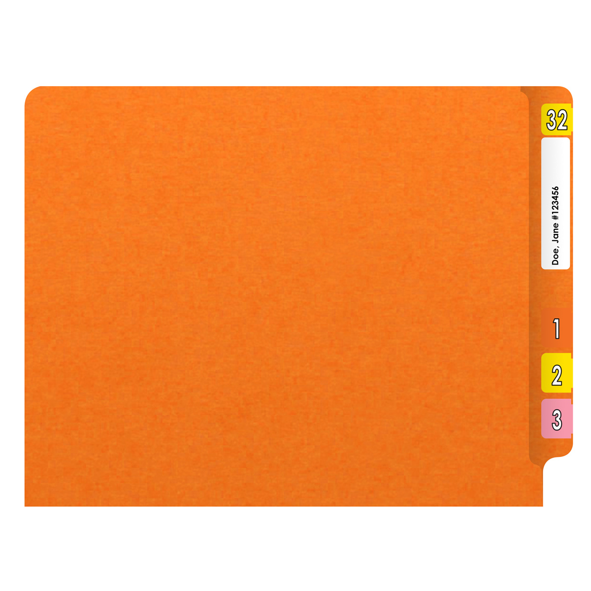 Orange letter size end tab folder with 2" bonded fasteners on inside back. 20 pt orange stock. Packaged 40/200.