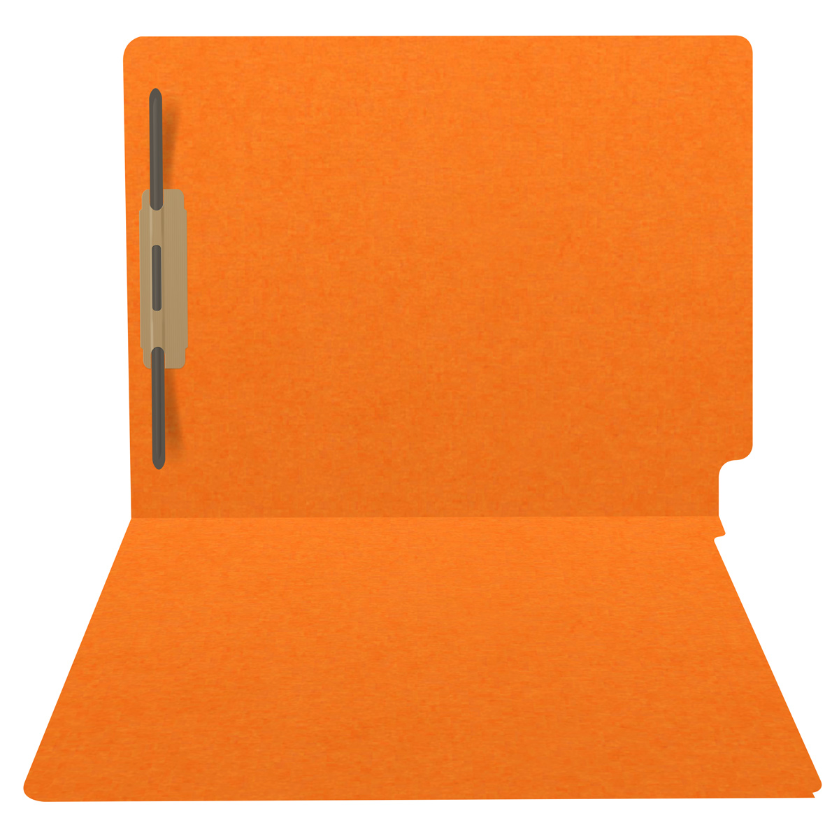 Orange letter size end tab folder with 2" bonded fasteners on inside back. 20 pt orange stock. Packaged 40/200.