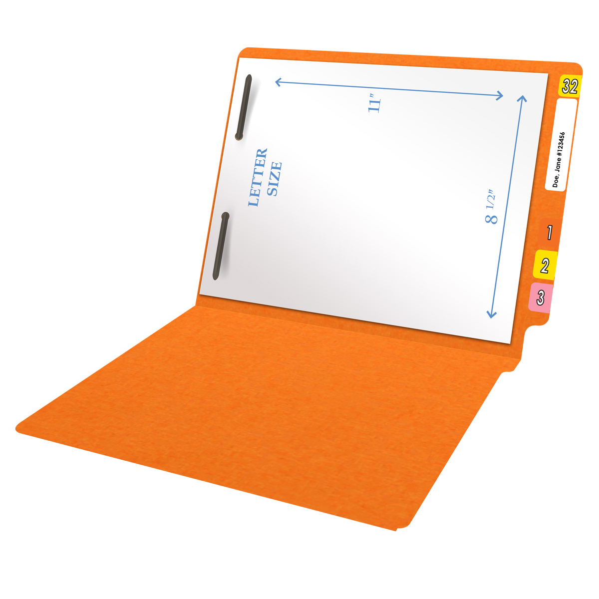 Orange letter size end tab folder with 2" bonded fasteners on inside back. 20 pt orange stock. Packaged 40/200.