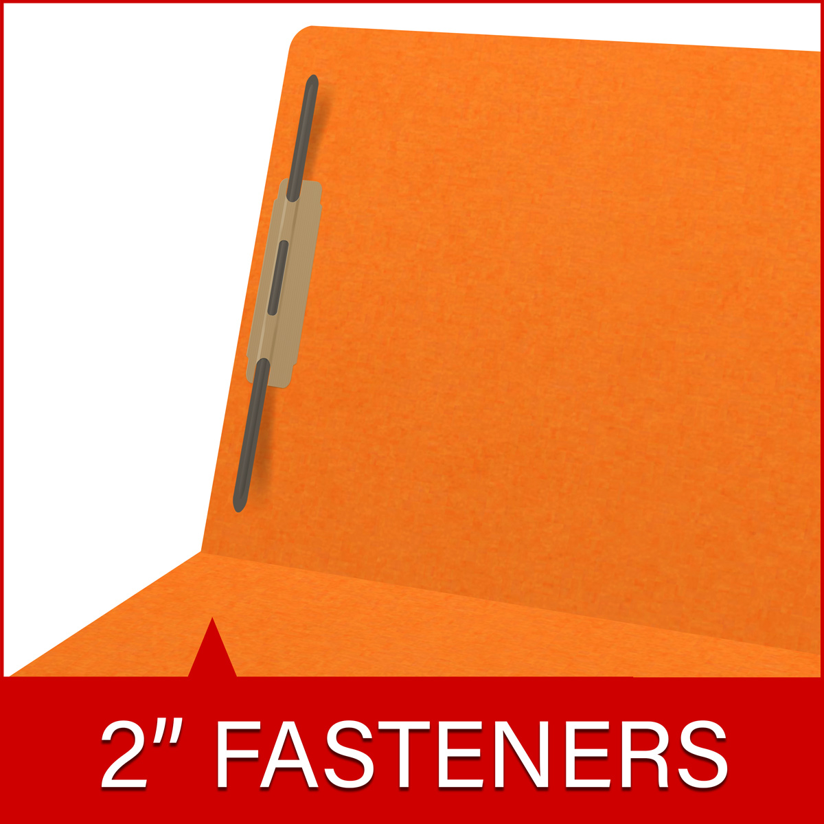 Orange letter size end tab folder with 2" bonded fasteners on inside back. 20 pt orange stock. Packaged 40/200.