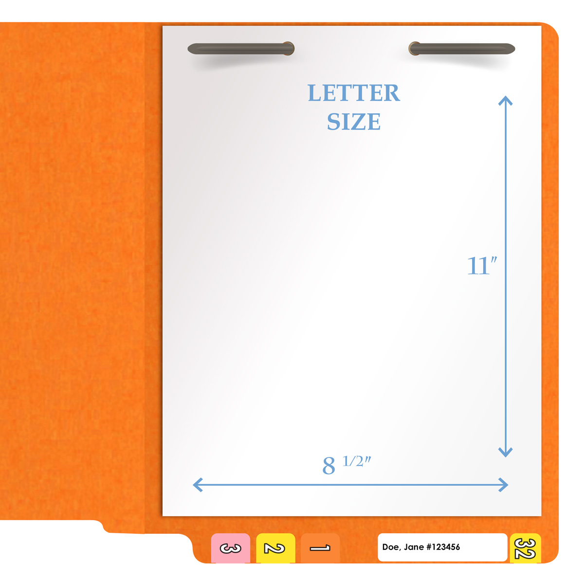 Orange letter size end tab folder with 2" bonded fasteners on inside back. 20 pt orange stock. Packaged 40/200.