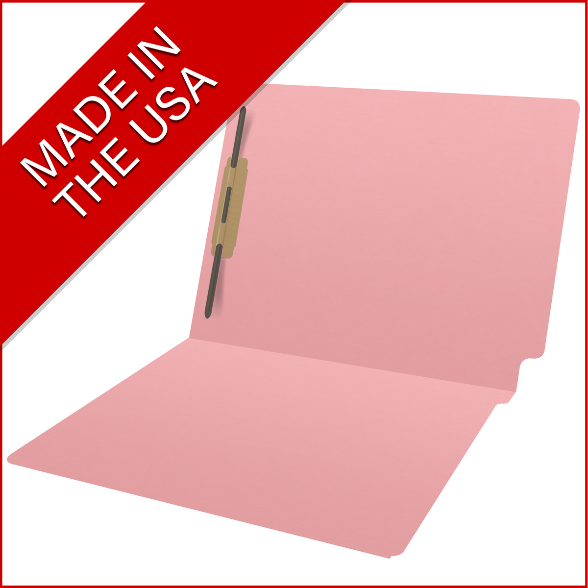 Pink letter size end tab folder with 2" bonded fasteners on inside back. 20 pt pink stock. Packaged 40/200.