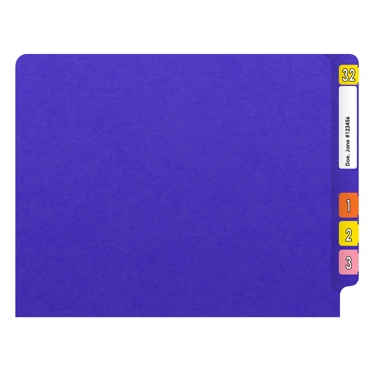 Purple letter size end tab folder with 2" bonded fasteners on inside back. 20 pt purple stock. Packaged 40/200.