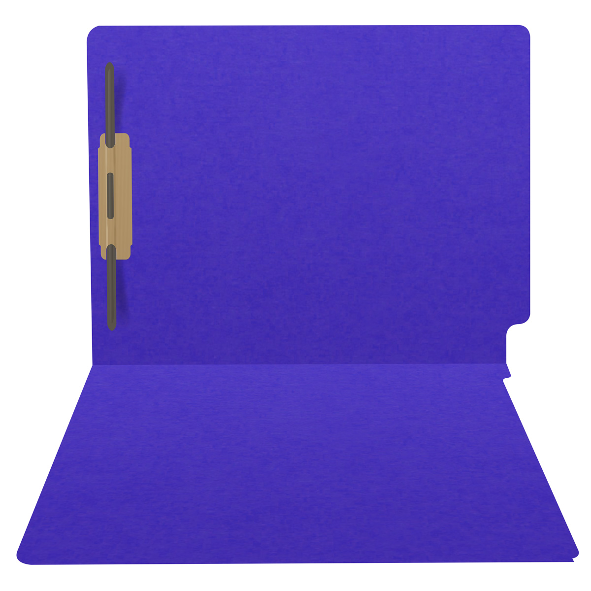 Purple letter size end tab folder with 2" bonded fasteners on inside back. 20 pt purple stock. Packaged 40/200.