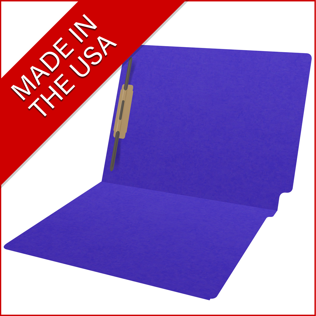 Purple letter size end tab folder with 2" bonded fasteners on inside back. 20 pt purple stock. Packaged 40/200.
