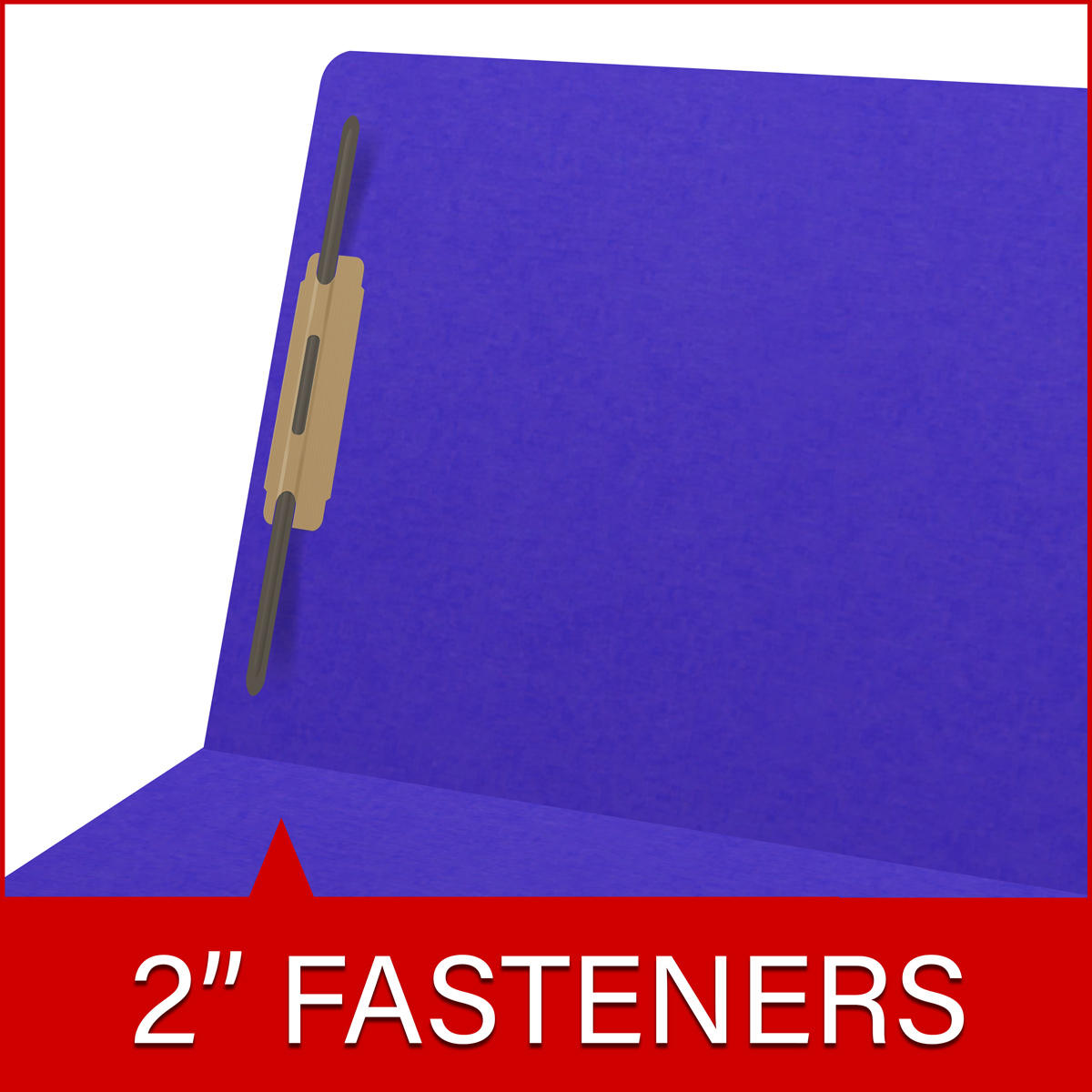 Purple letter size end tab folder with 2" bonded fasteners on inside back. 20 pt purple stock. Packaged 40/200.