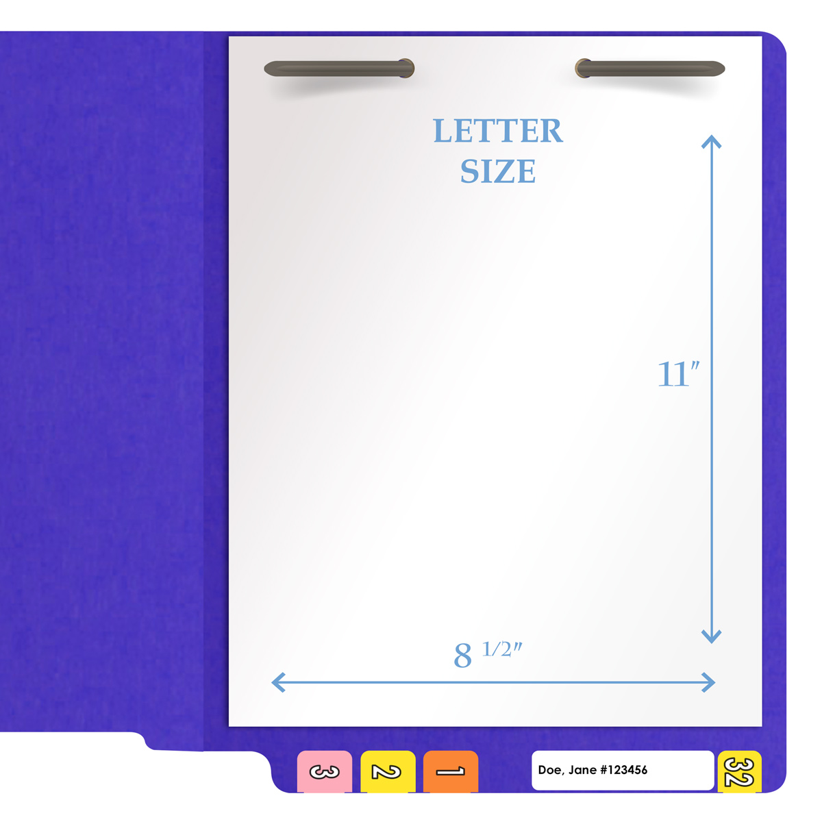 Purple letter size end tab folder with 2" bonded fasteners on inside back. 20 pt purple stock. Packaged 40/200.